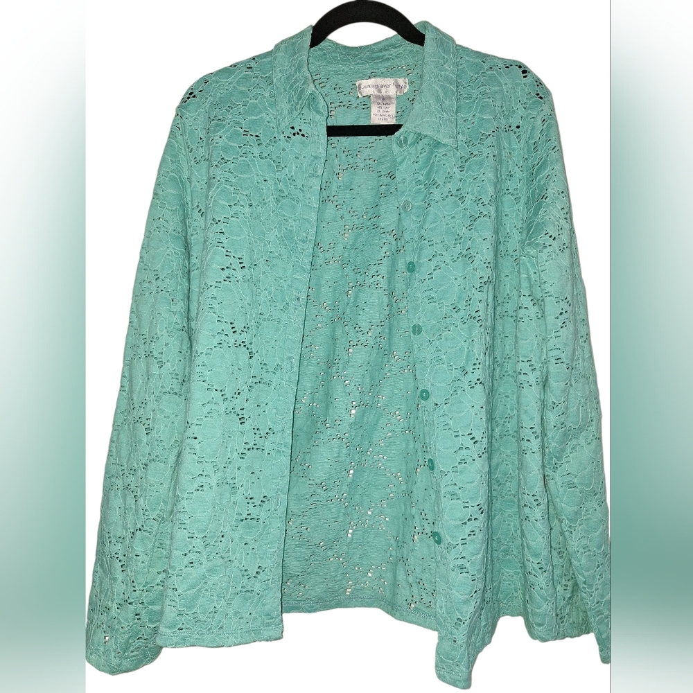 Susan Graver Stretch Lace Shirt – Light Green Elegance  USED